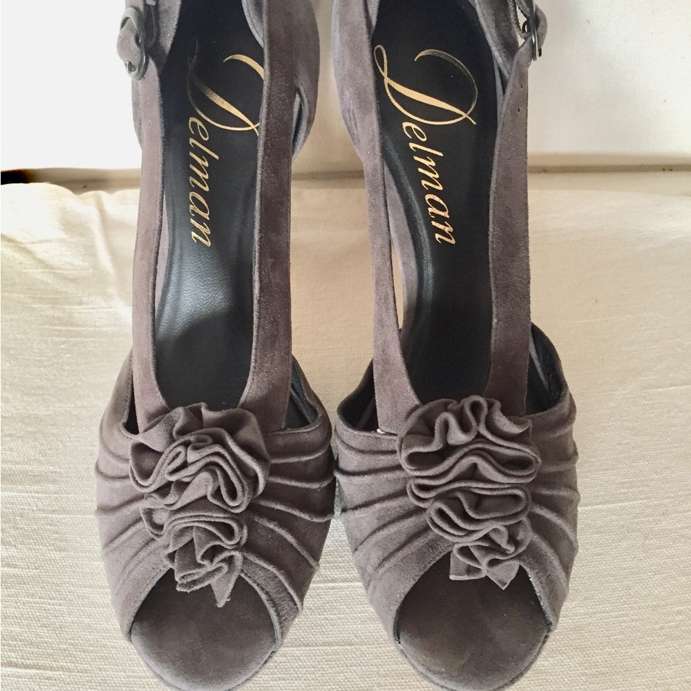 Delman Gray Suede Platform Pumps